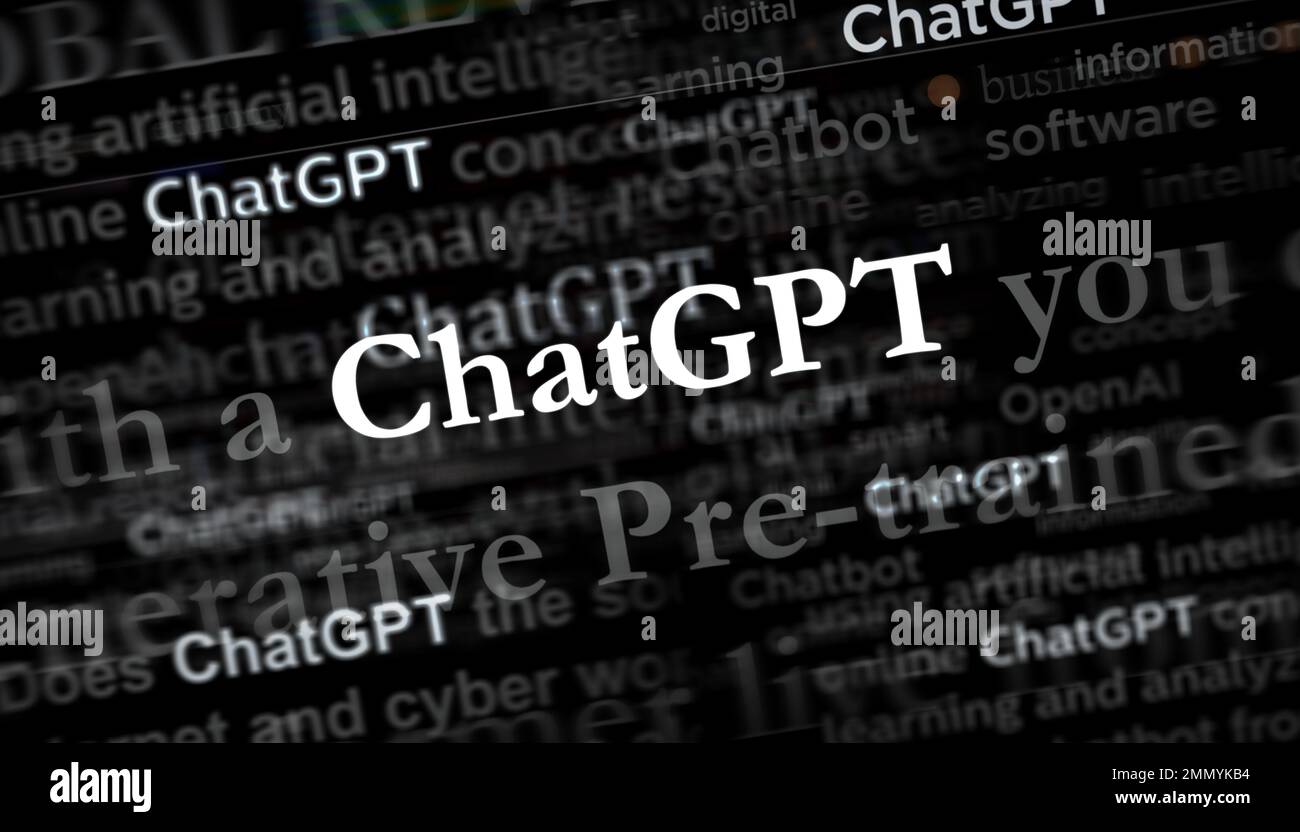 Posen, Polen, 25. Januar 2023: ChatGPT-Schlagzeilen in internationalen Medien mit OpenAI, Chat gpt ai bot. Abstraktes Konzept von Nachrichtentiteln auf Nein Stockfoto