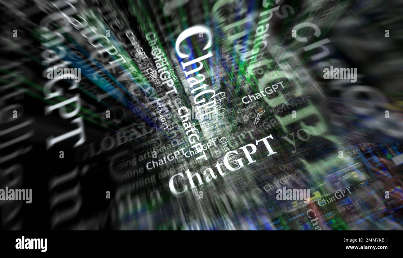 Posen, Polen, 25. Januar 2023: ChatGPT-Schlagzeilen in internationalen Medien mit OpenAI, Chat gpt ai bot. Abstraktes Konzept von Nachrichtentiteln auf Nein Stockfoto