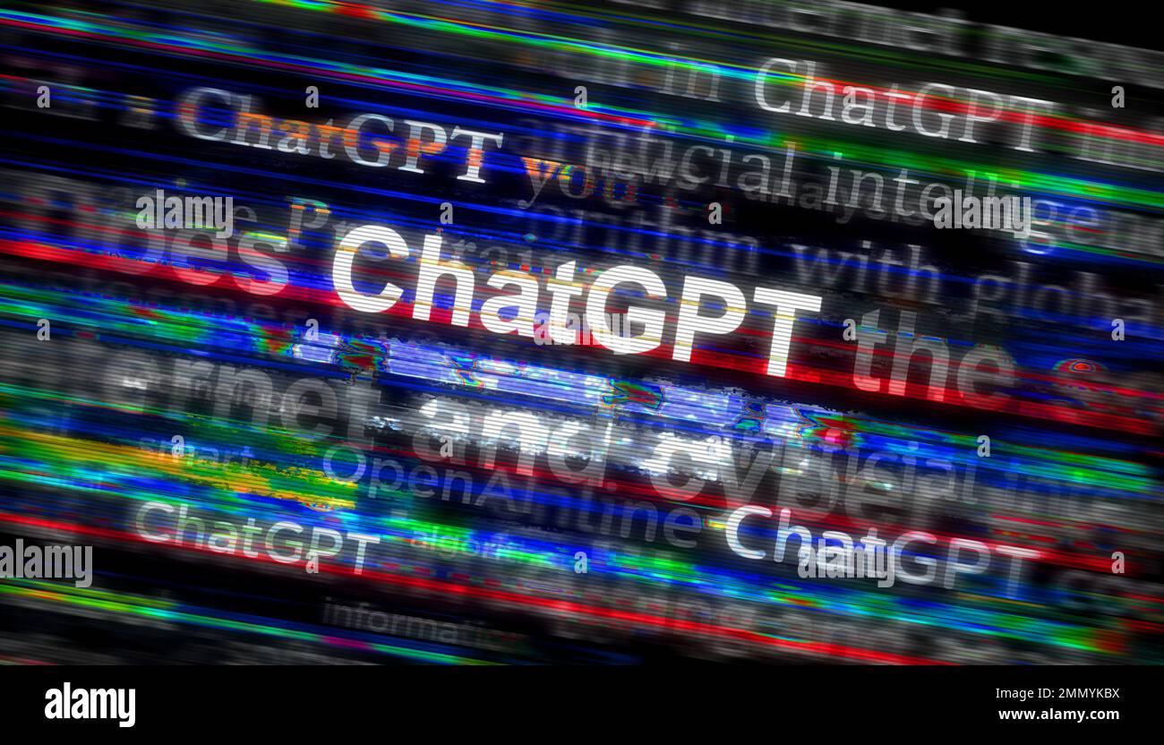 Posen, Polen, 25. Januar 2023: ChatGPT-Schlagzeilen in internationalen Medien mit OpenAI, Chat gpt ai bot. Abstraktes Konzept von Nachrichtentiteln auf Nein Stockfoto