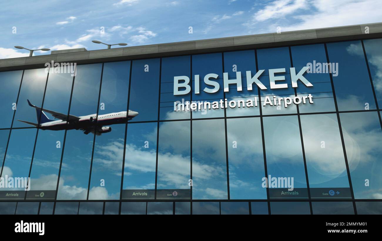 Flugzeuge landen in Bishkek, Kirgisistan, 3D-Darstellung. Ankunft in der Stadt mit dem gläsernen Flughafenterminal und Reflektion eines Düsenflugzeugs. Tr Stockfoto