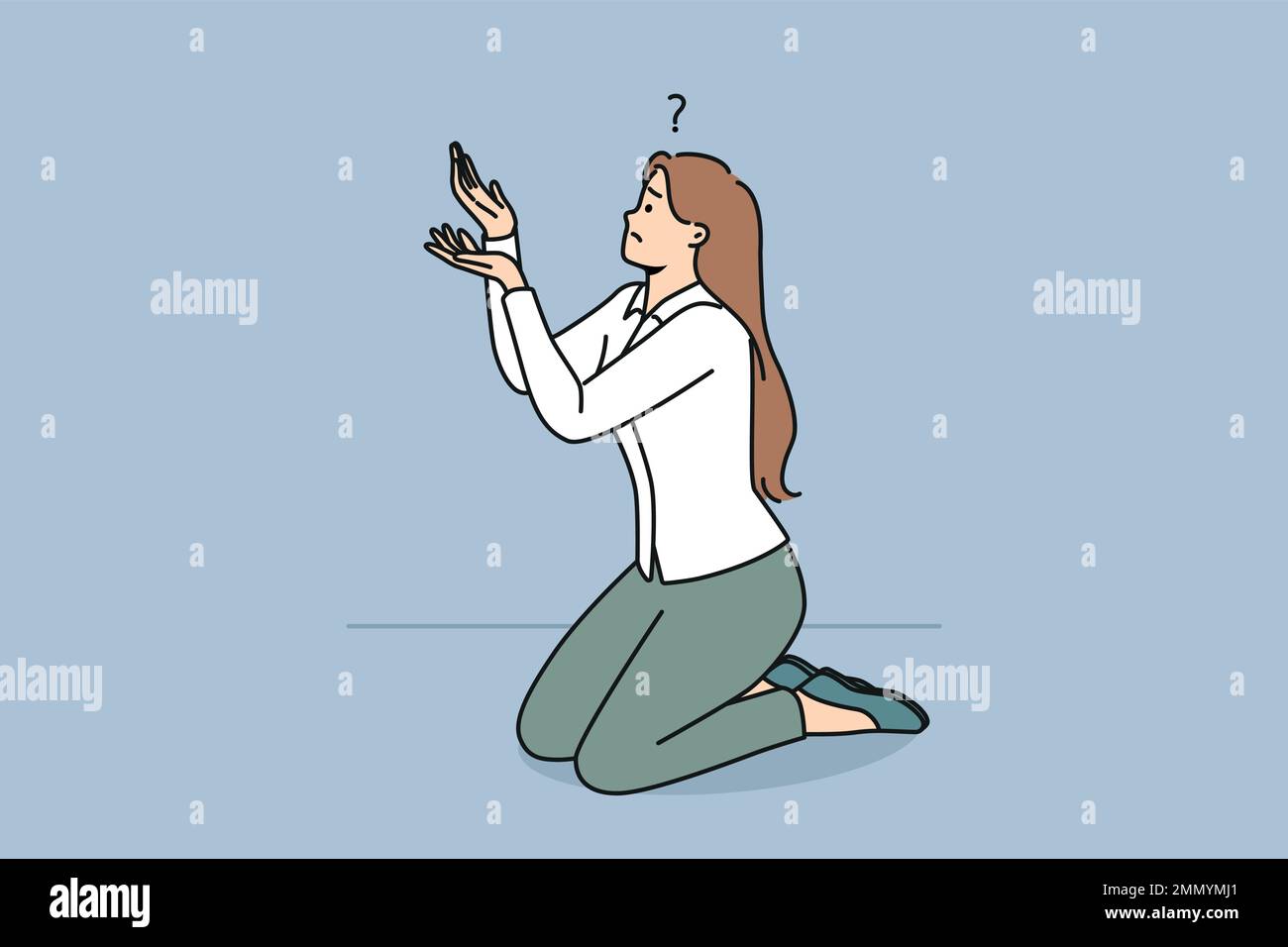 Verwirrte Geschäftsfrau, die auf Knien betet oder um Hilfe bittet. Verzweifelte junge Angestellte, die um Hilfe oder Unterstützung betteln. Psychologische Hilfe. Vektordarstellung. Stock Vektor