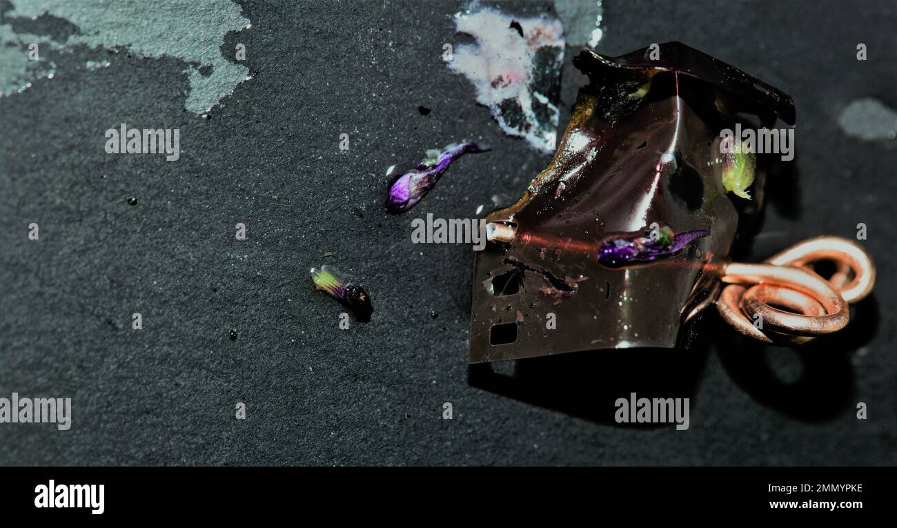 Konzeptuelles Stillleben Nahaufnahme von verbranntem Film und Spiraldraht Stockfoto