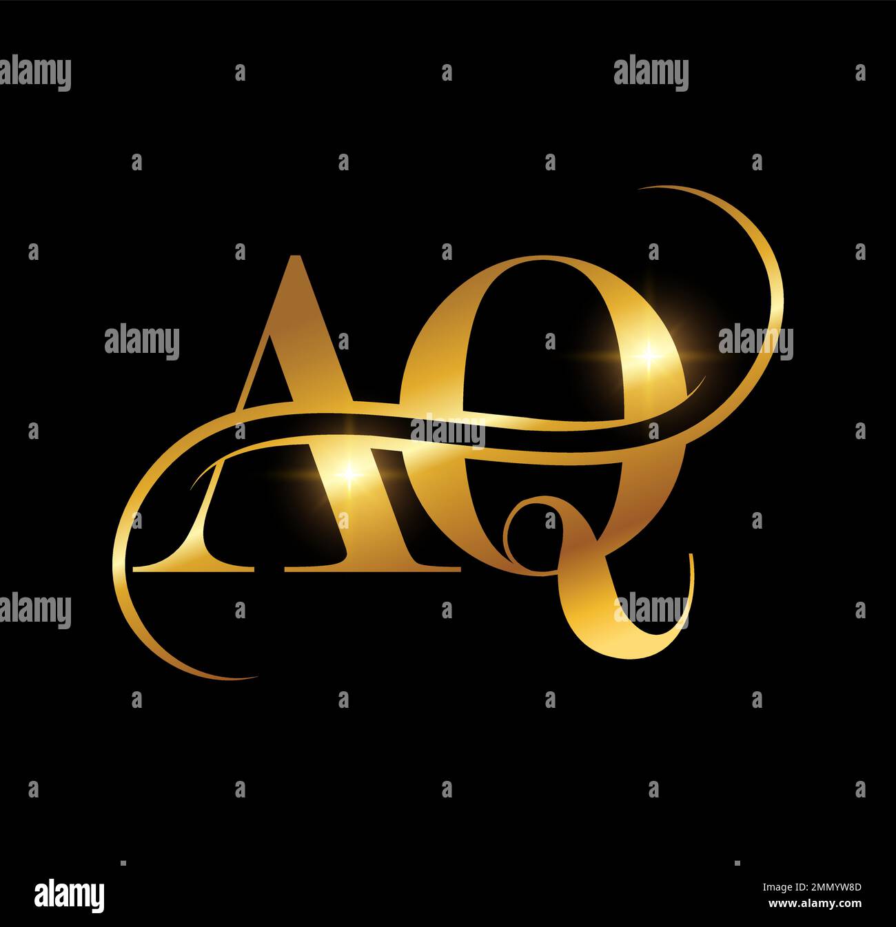 Eine Vektordarstellung auf schwarzem Hintergrund mit goldenem Glanzeffekt des Anfangsbuchstabens AQ für das Gold Monogramm Logo Stock Vektor