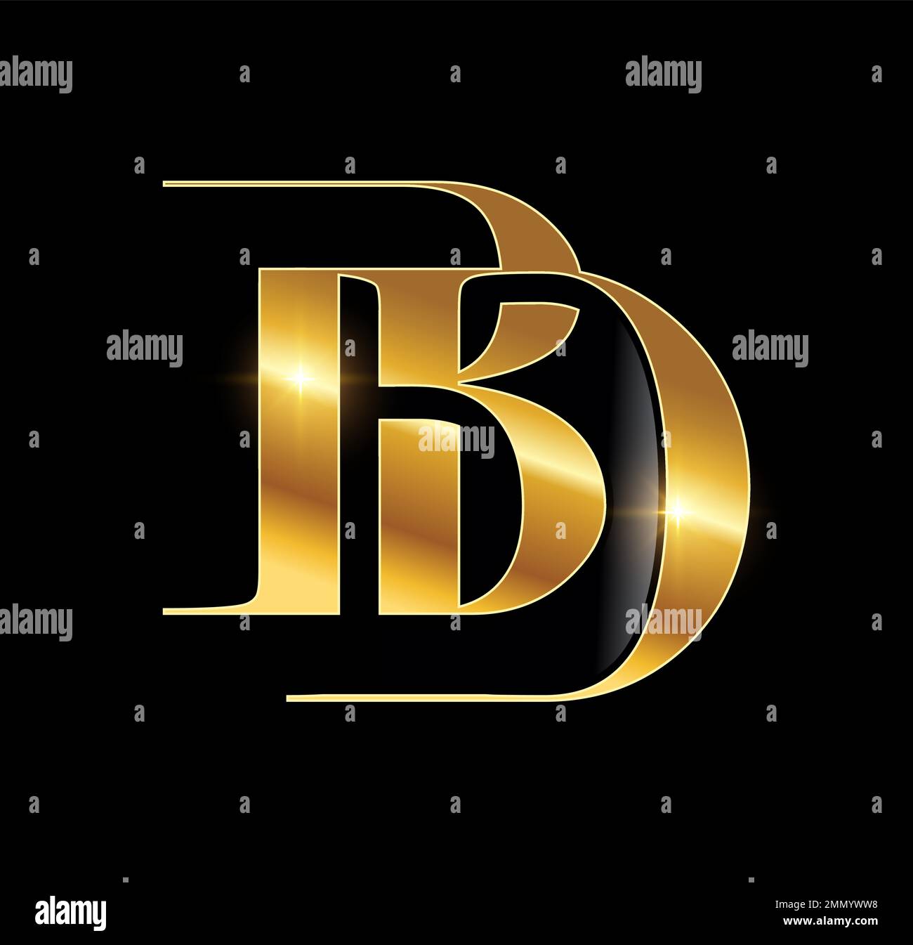 Eine Vektordarstellung auf schwarzem Hintergrund mit goldfarbenem Glanzeffekt der ersten Buchstaben des Logos in Form eines goldenen Monogramms BD Stock Vektor