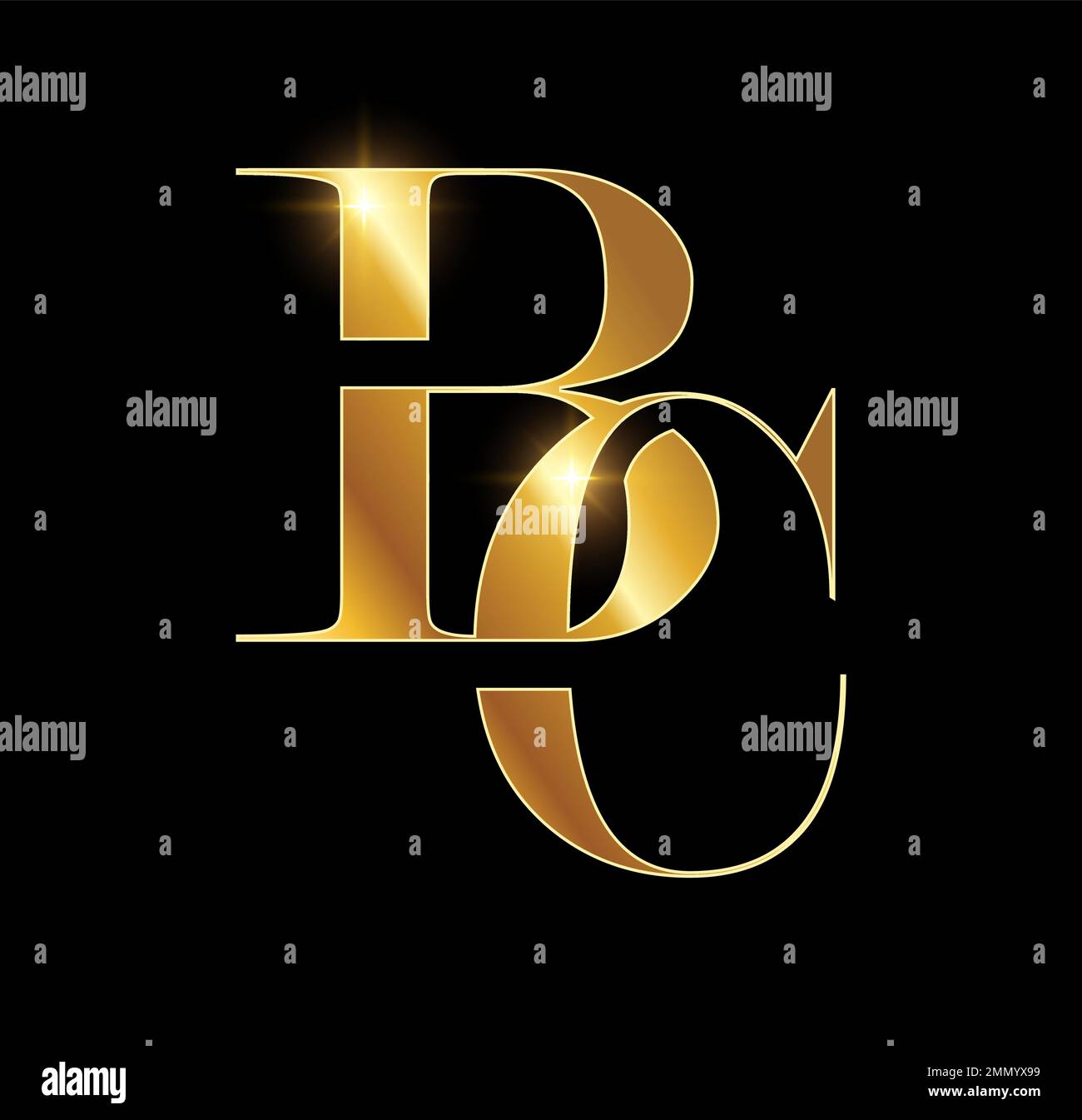 Eine Vektorabbildung auf schwarzem Hintergrund mit goldenem Glanzeffekt der Anfangsbuchstaben für das Gold-Monogramm-Logo BC Stock Vektor