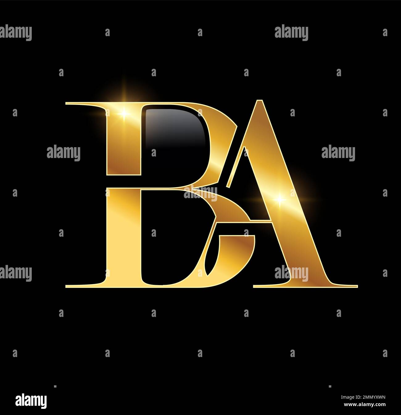 Eine Vektorabbildung auf schwarzem Hintergrund mit goldenem Glanzeffekt der Anfangsbuchstaben für das Gold-Monogramm-Logo BA Stock Vektor