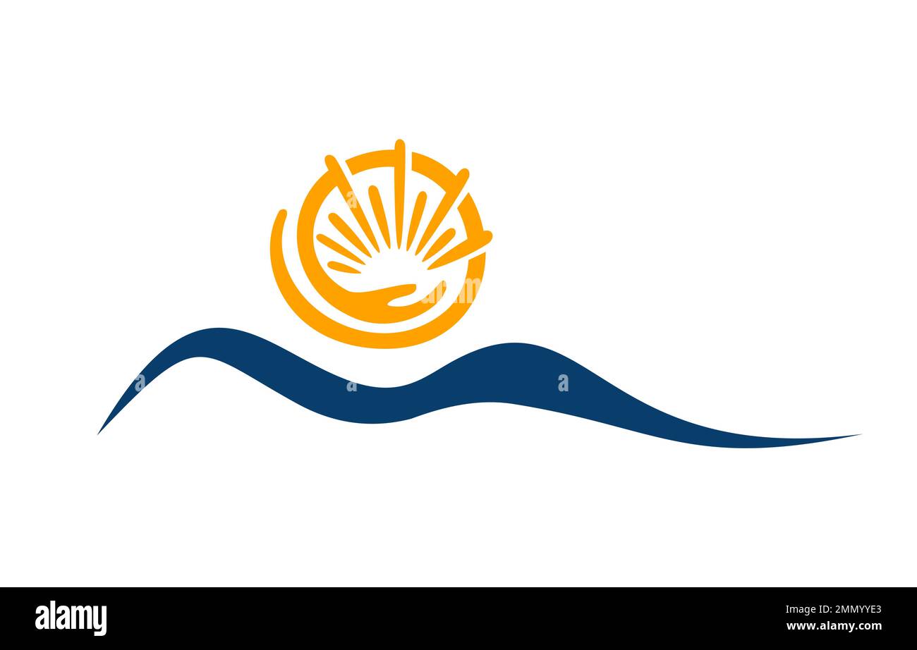 Eine Vektordarstellung des Symbols „Mountain and Hand Care Sun Vector“ (Sonnenvektor für Berg- und Handpflege) auf isoliertem weißem Hintergrund Stock Vektor