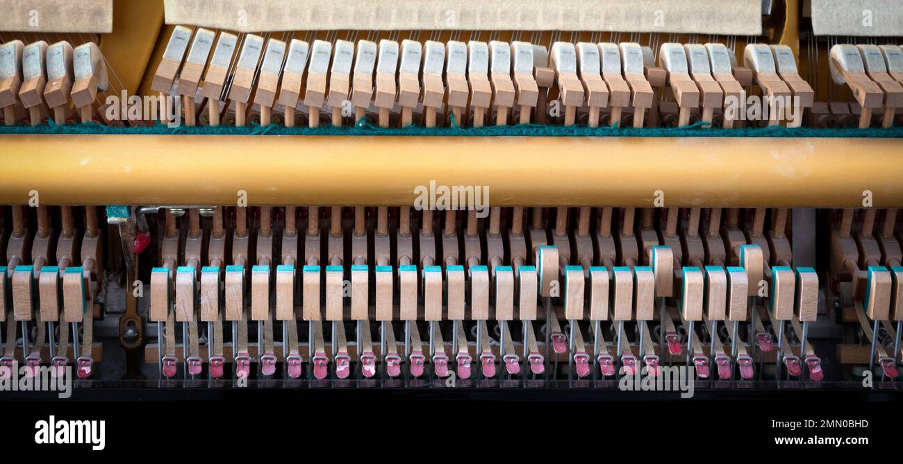 Details zum Klaviermechanik-Hammer - Schnur, Stifte und Hämmer, Klavier von 1973 Stockfoto
