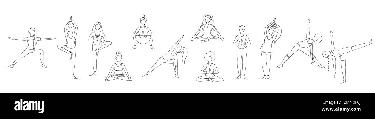 Ein Satz einzeiliger Zeichnungen eines Mädchens, das in einer Yoga-Pose sitzt und steht Stock Vektor