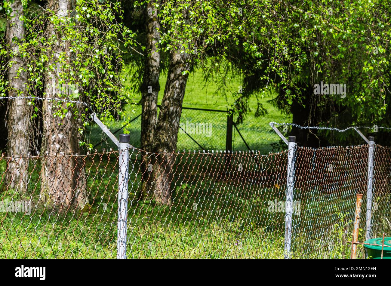 Einbruchspuren: Einbrecher und Diebe durchschnitten den oberen Stacheldraht eines Gartenzauns, um unversehrt darüber hinwegzukommen. Stockfoto