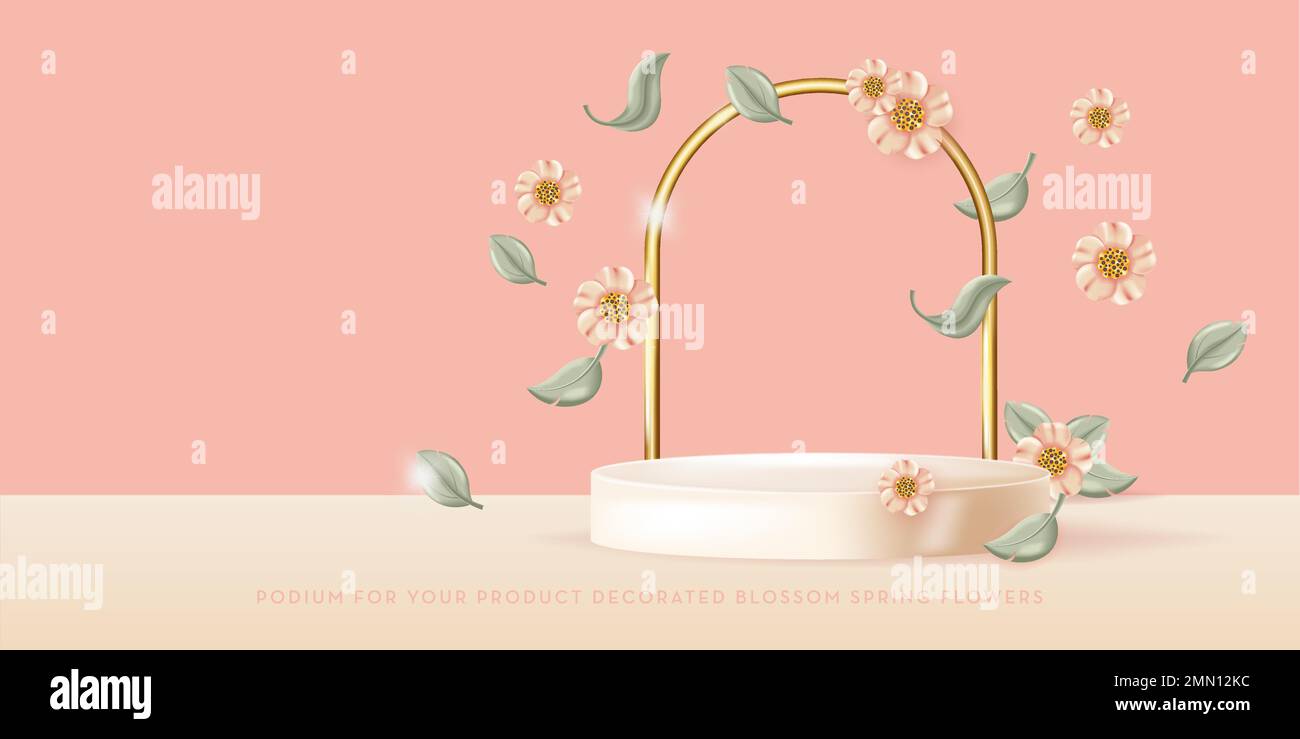 Podiumdekorierte Frühlingsblumen in Pastelltönen. Darstellung des realistischen 3D-Vektors Stock Vektor