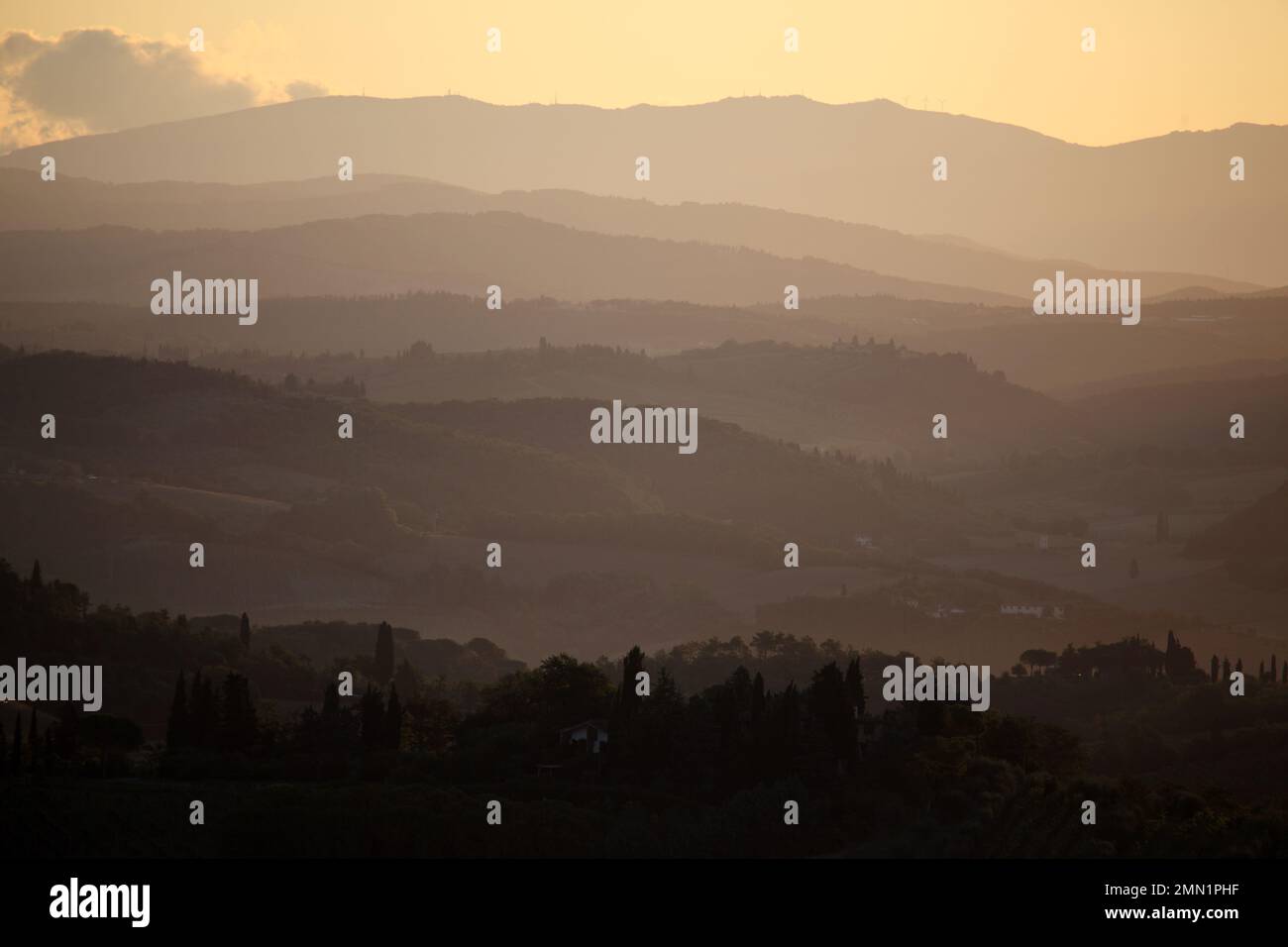 Sanfte toskanische Hügel in der Nähe von San Gimignano, Italien. Stockfoto