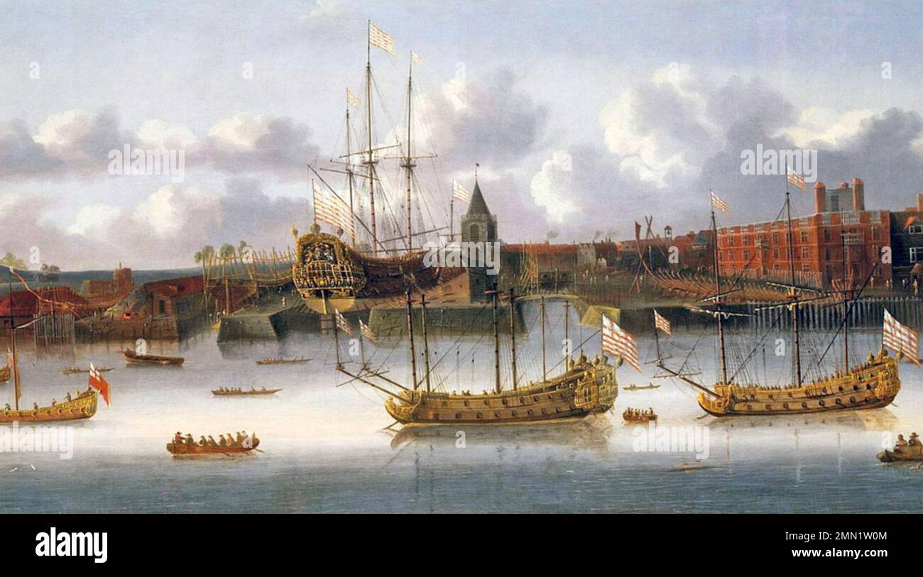 OSTINDIEN-SCHIFFE an den Docks von Deptford um 1680 Uhr Stockfoto