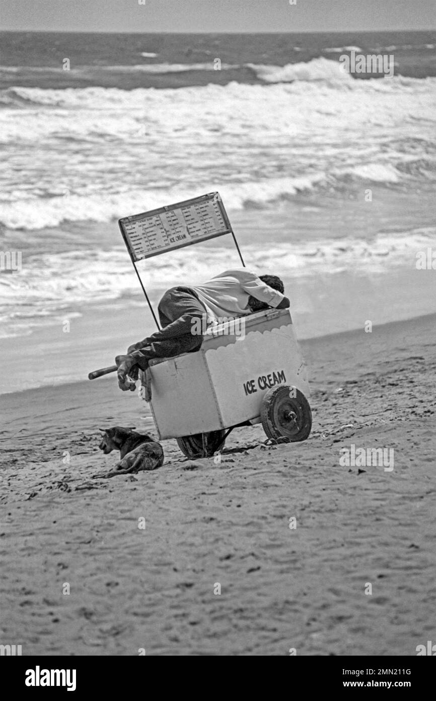 Eisverkäufer schläft am Strand und der Hund liegt nebenan Stockfoto