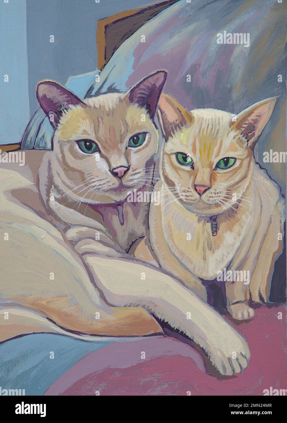 Gemälde von zwei cremefarbenen Katzen, die sich auf einem Kissen entspannen Stockfoto