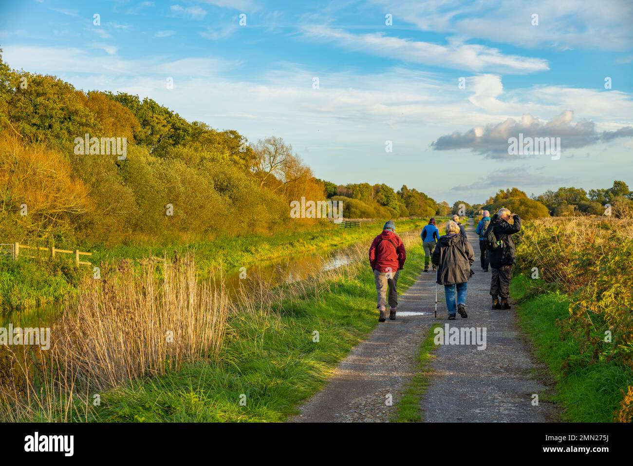 Menschen, die auf dem Fußweg des südlichen Abflussflusses in der Nähe der Ham-Mauer laufen. In den Sumpflandschaften von Somerset. Stockfoto