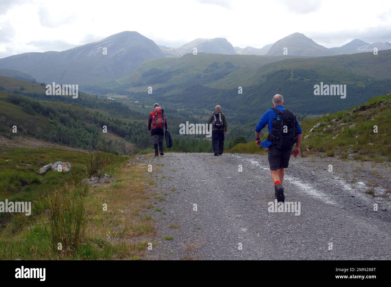 Three Men Walking On Track in Pollan Buidhe in Richtung Coulin Hills vom Corbett Sgurr na Feartaig in den schottischen Highlands, Schottland, Großbritannien. Stockfoto