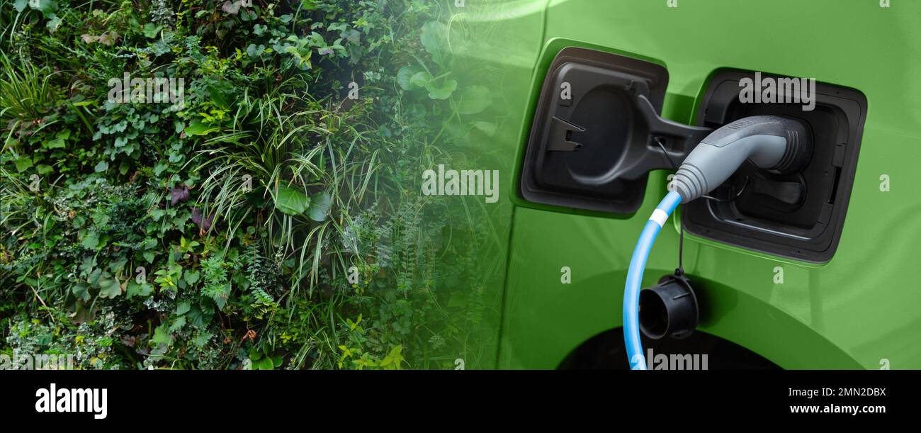 Nahaufnahme eines Elektroautos mit Ladekabel auf einem Hintergrund einer grünen Wand mit vertikalem Garten Stockfoto