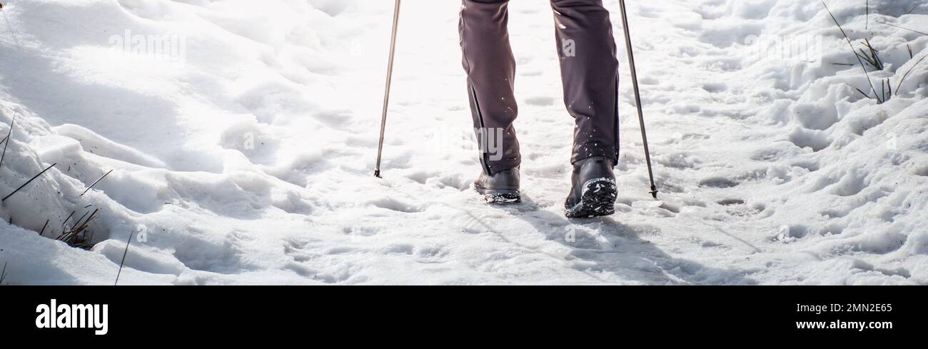Nordic Walking auf Schnee im Winter. Stockfoto