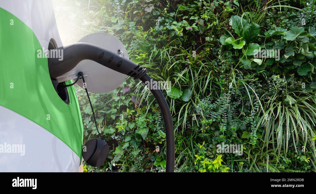 Nahaufnahme eines Elektroautos mit Ladekabel auf einem Hintergrund einer grünen Wand mit vertikalem Garten Stockfoto