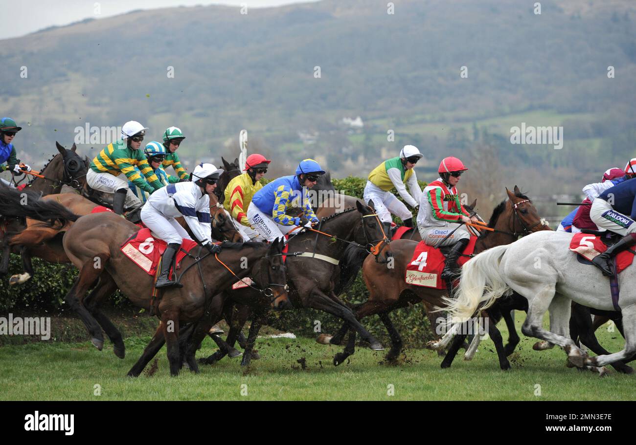 Rennen Drei. Die Glenfarclas Cross Country Chase. Über den ersten Zaun springen. Pferderennen auf der Cheltenham Racecourse, Prestbury Park on Trials Day in Stockfoto