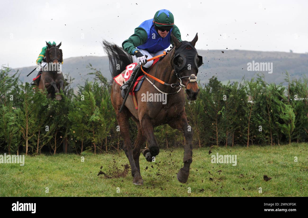 Rennen Drei. Die Glenfarclas Cross Country Chase. Angriffsplan von Darragh O'Keeffe, nachdem er das letzte Pferderennen am Cheltenham RAC geschafft hat Stockfoto