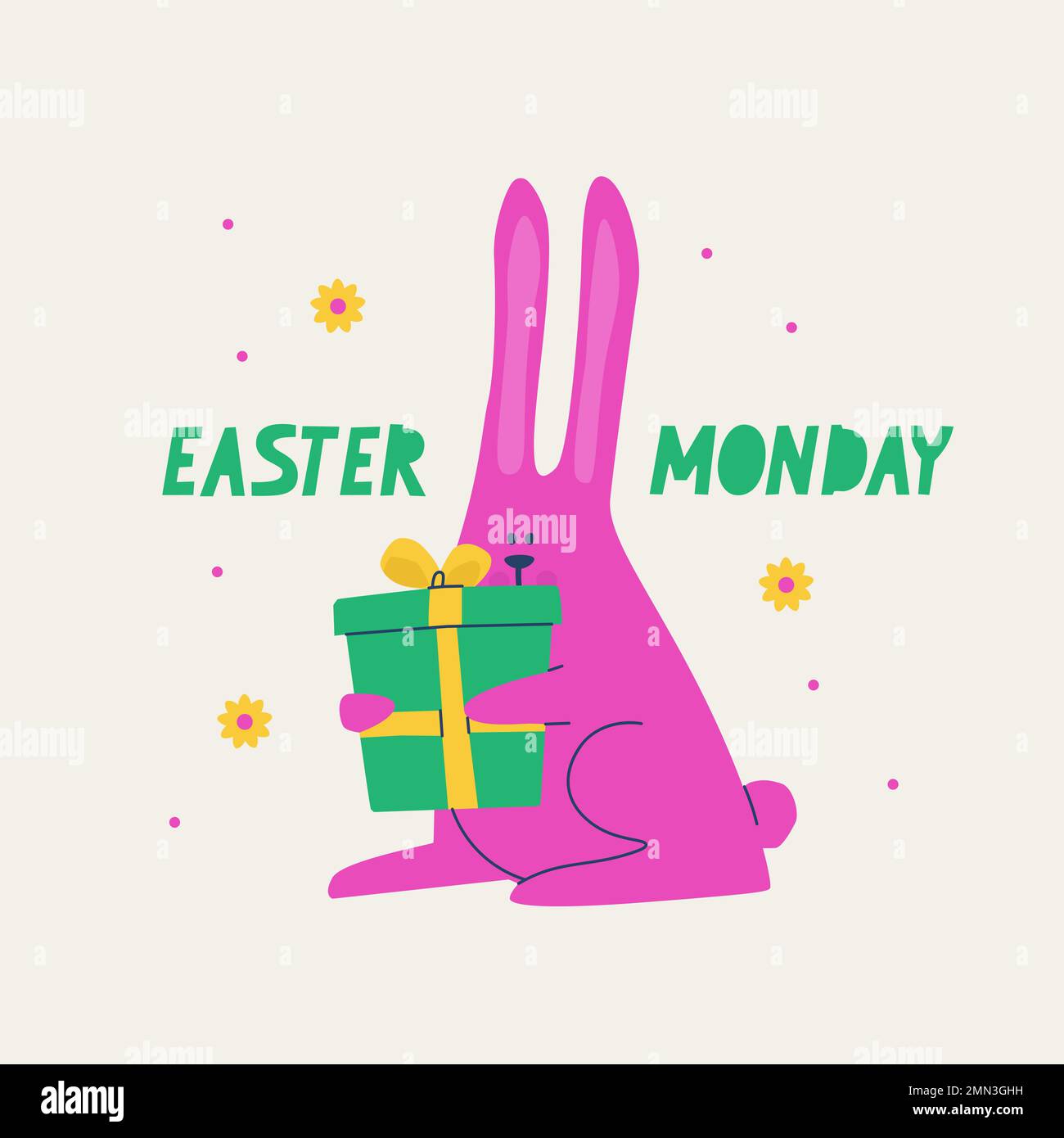 Süßer osterhase mit einem Geschenk. Ostermontags-Postkarte. Mehrfarbige, trendige Vektordarstellung. Stock Vektor