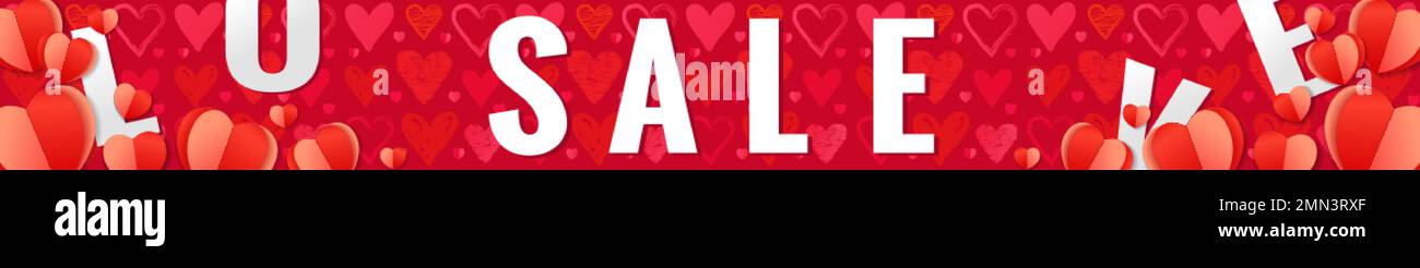 Horizontales Webbanner zum Valentinstag oder zur Hochzeit. Realistisches 3D-Papier mit Herz und Text. Modernes Design. Internet-Symbol für Weihnachtseinkäufe. Stock Vektor