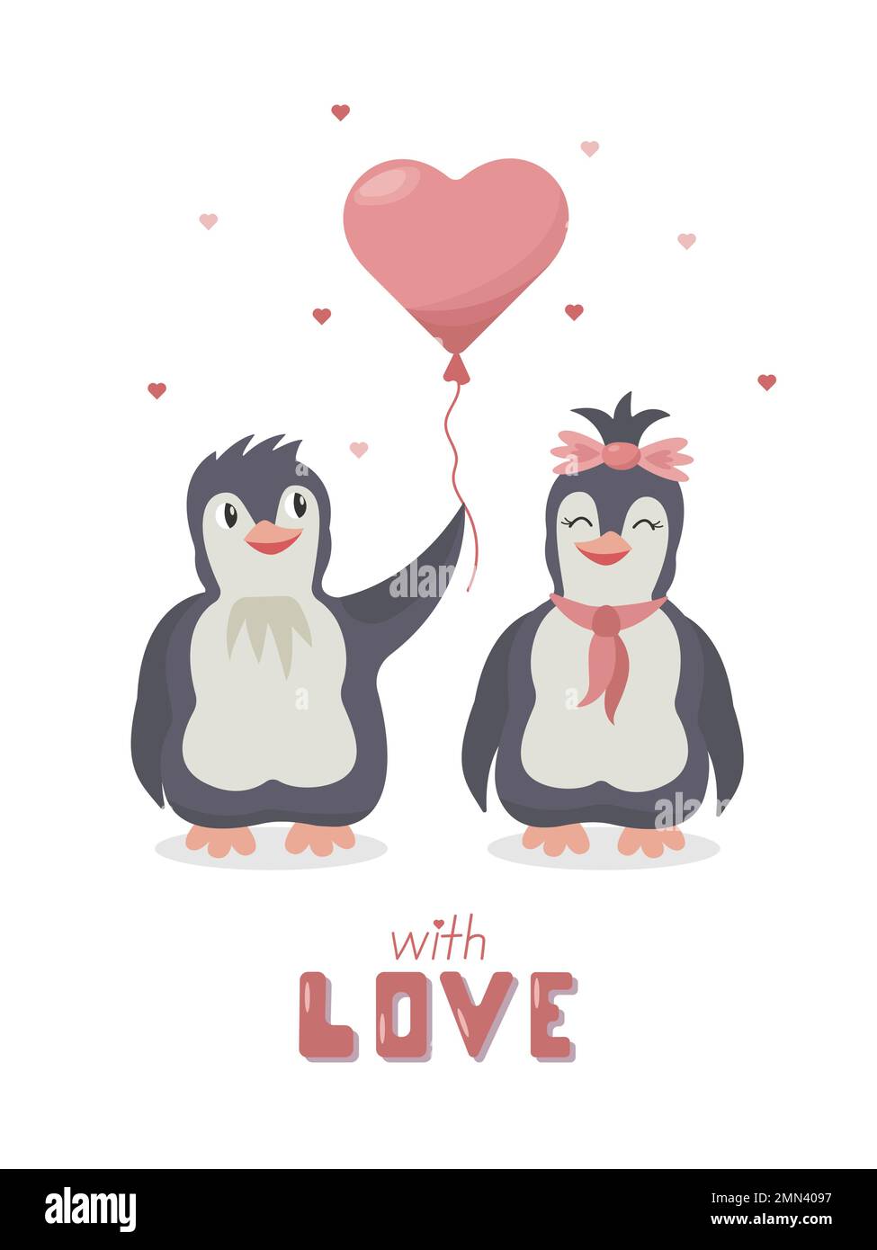 Süße Cartoon-Grußkarte zum Valentinstag mit verliebten Pinguinen. Vektorzeichen mit einem Ballon in Form eines Herzens Stock Vektor