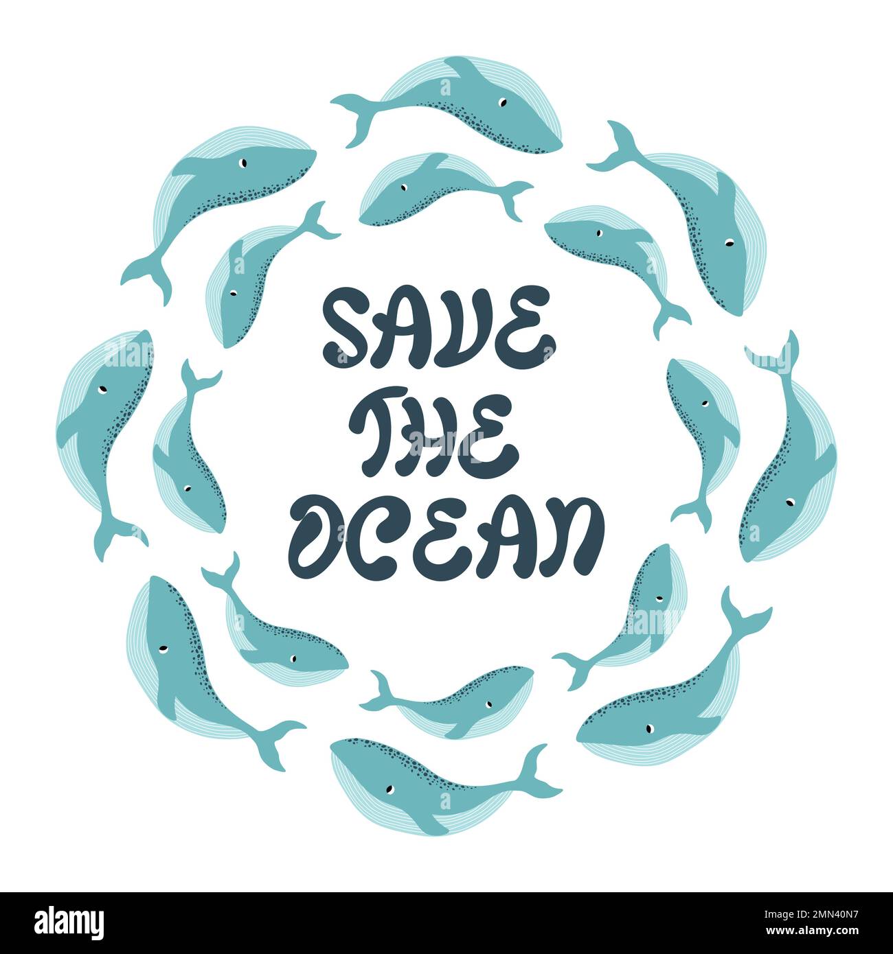 Vektor-Ozean-Illustration mit Wal. Save the Ocean - Moderne Schriftzeichen. Unterwassertiere. Ökologisches Design für Banner, Flyer, Postkarten, Website Stock Vektor