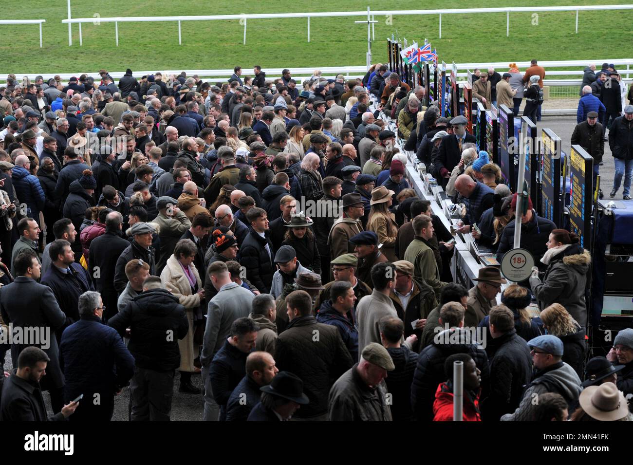 Pferderennen auf der Cheltenham Racecourse, Prestbury Park am Trials Day im Januar vor dem Gold Cup National Hunt Festival, bei dem die besten Sprung Stockfoto