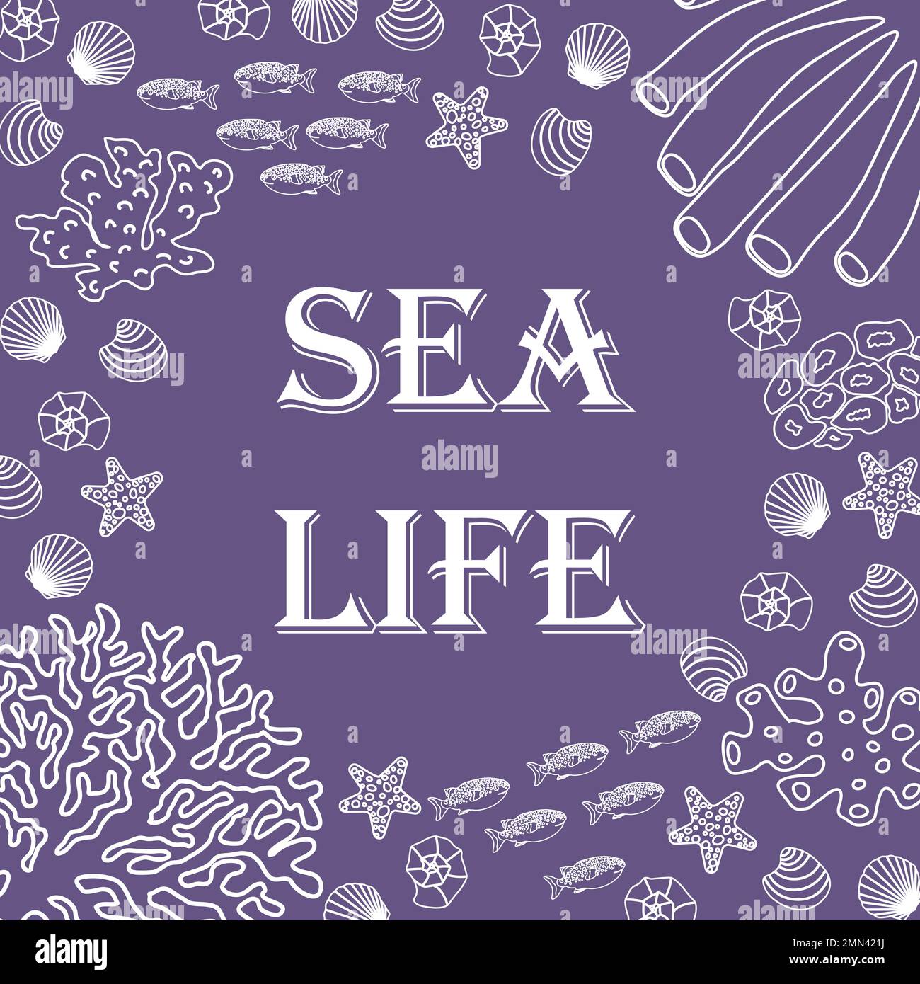Vektor-Ozean-Illustration mit Fischen, Muscheln, Korallen, Algen. Sea Life - Moderne Schriftzeichen. Unterwassertiere. Ökologisches Design für Banner, Flyer Stock Vektor