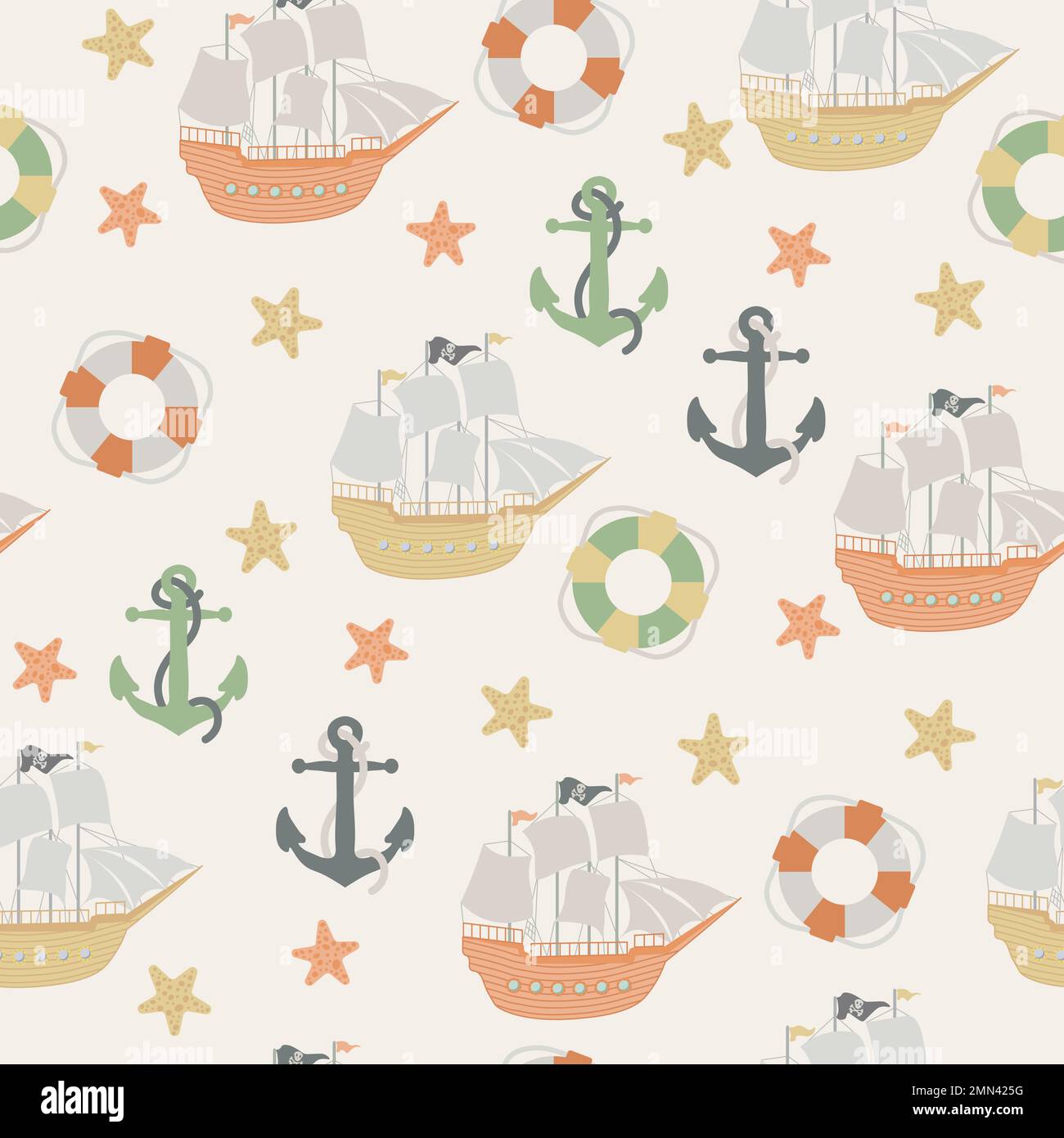 Vektor nahtlose Muster mit Schiff, Anker, Rettungsring.Unterwasser Cartoon Creatures.Marine Hintergrund.Süße Ozean-Muster für Stoff, Kinderkleidung Stock Vektor