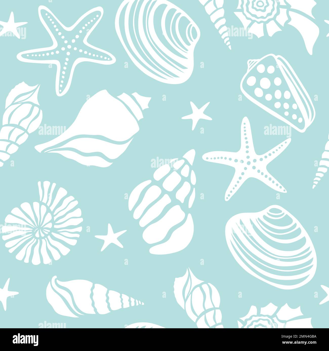 Nahtlose Muscheln, Seesterne unter Wasser, handgezeichnete Vektoren, nahtloser Hintergrund mit Mustern Stock Vektor