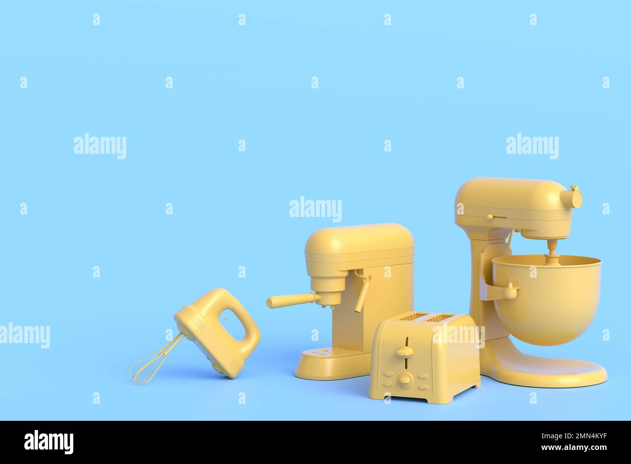 Espressomaschine, Handmixer, Wasserkocher und Toaster für die Zubereitung des Frühstücks auf monochromem Hintergrund. 3D Render der Kaffeeanne für die Herstellung von Latte Stockfoto