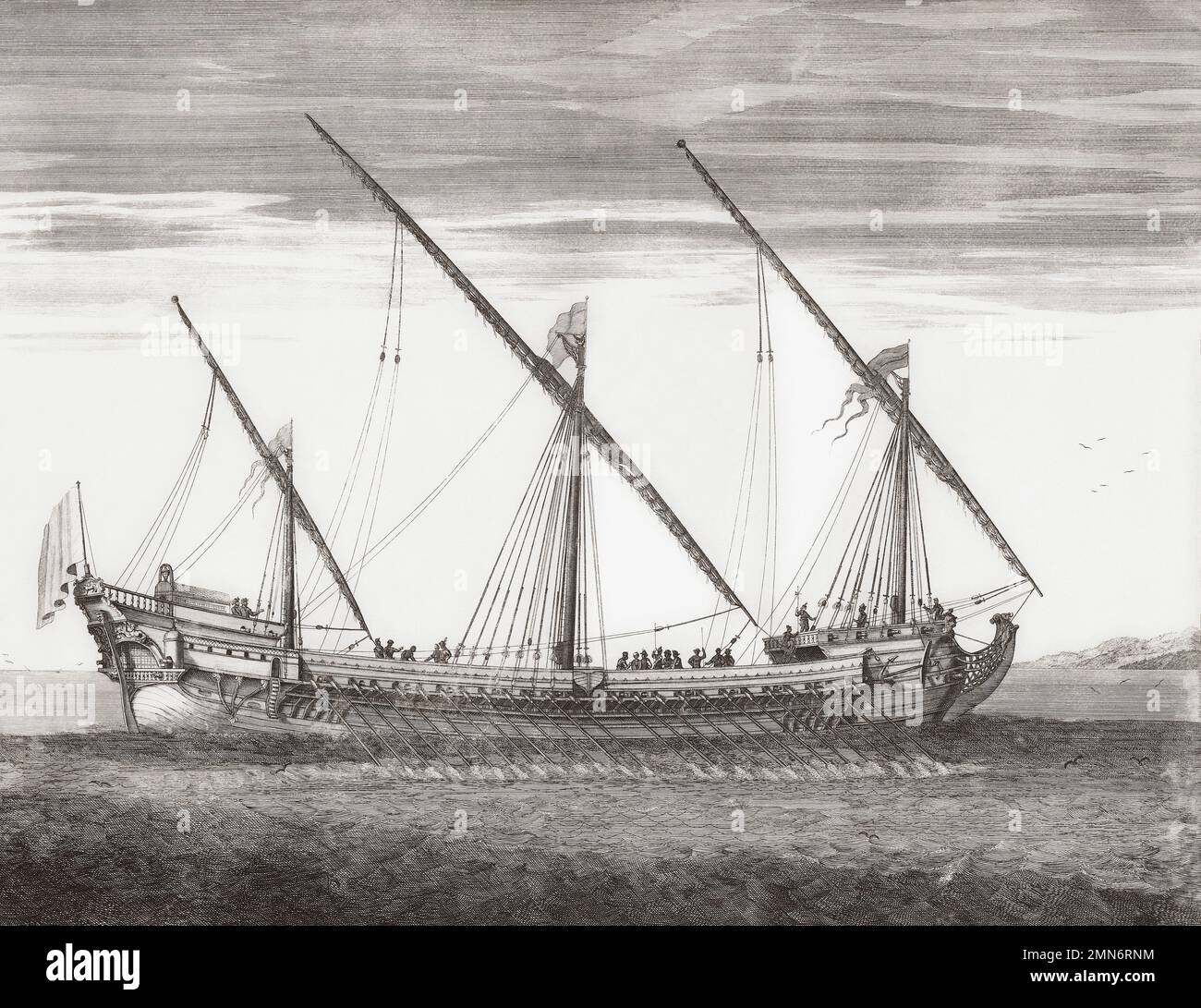 Eine französische Galeere aus dem 17. Jahrhundert rudert. Nach einem Druck vom 1703. Stockfoto