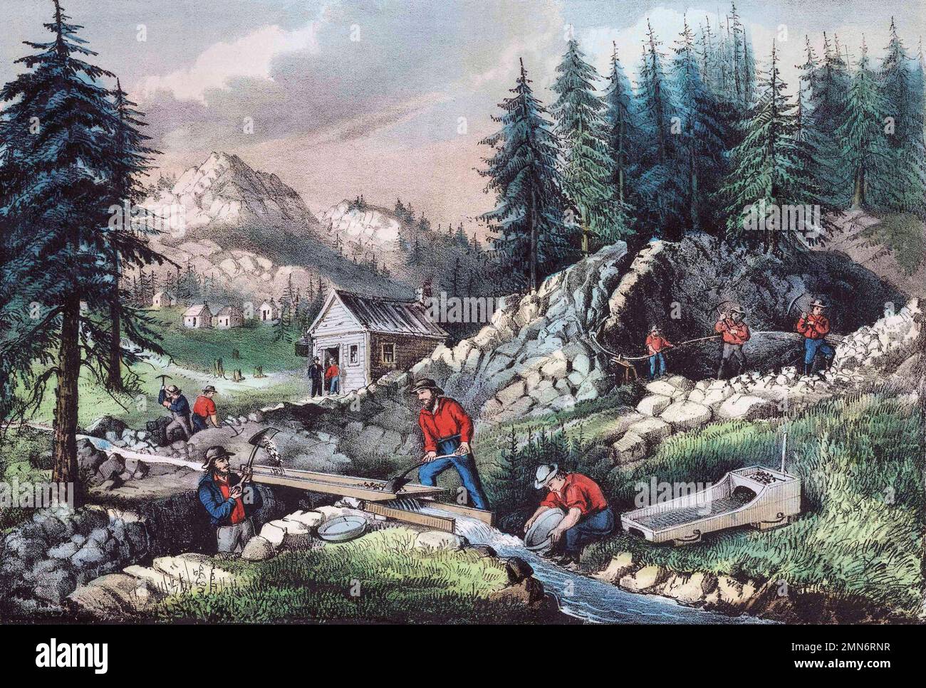 Goldbergbau während des kalifornischen Goldrauschs von 1848 bis 1855. Das Bild zeigt verschiedene Bergbautechniken, einschließlich Schwenken, Schleusen und Ausschachtung mit Wasserstrahlen. Aus einem Aufdruck aus dem 19. Jahrhundert, herausgegeben von Currier & Ives, Stockfoto