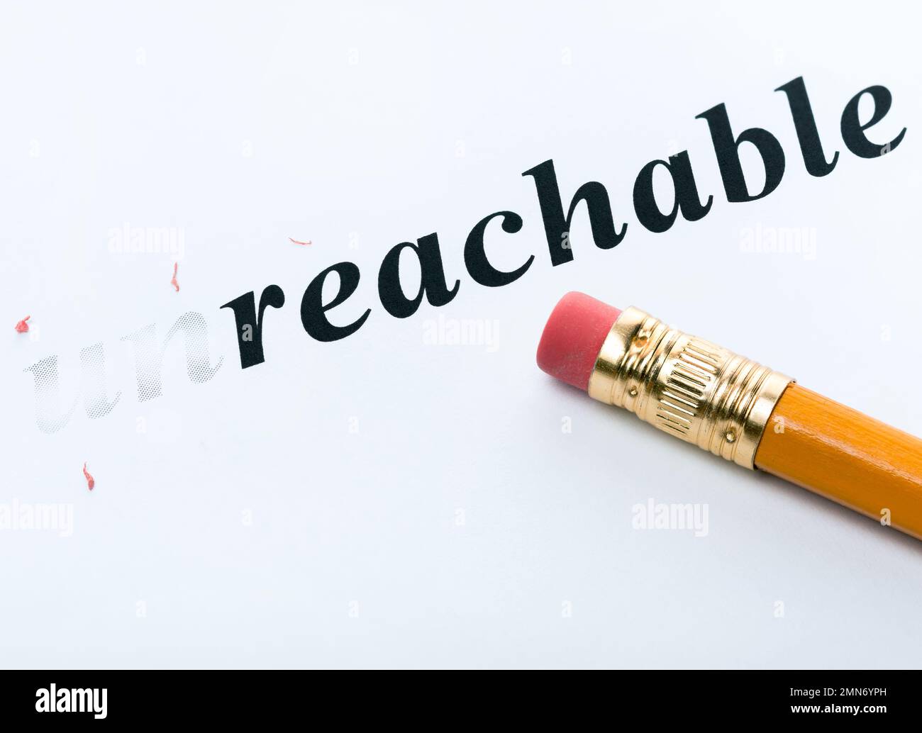 Wort und Bleistift mit Radiergummi Nahaufnahme erhöhte Autofokus-Messfeld Stockfoto