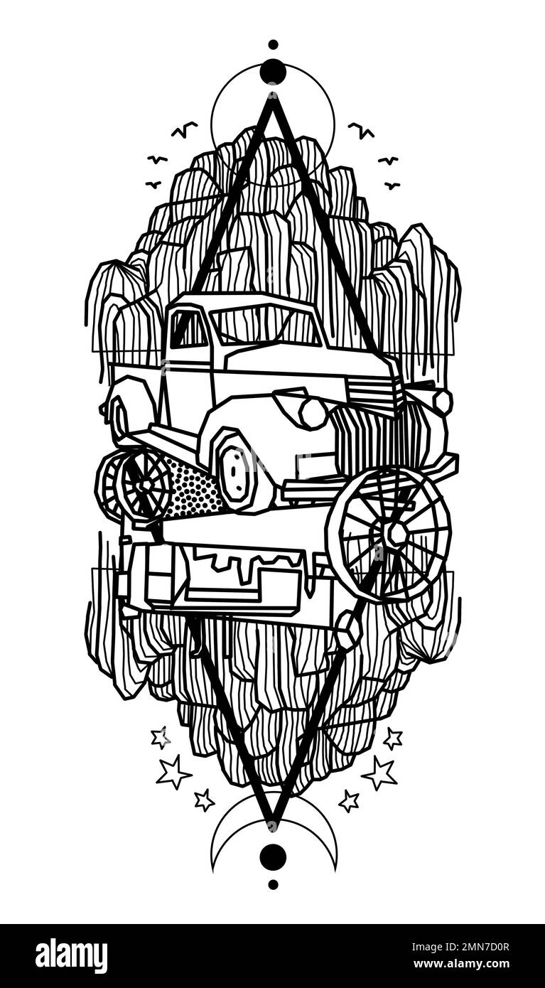 Bauerntraktor-Lkw, Weinende Weide, Aquarell-Tattoo-Illustration Stockfoto