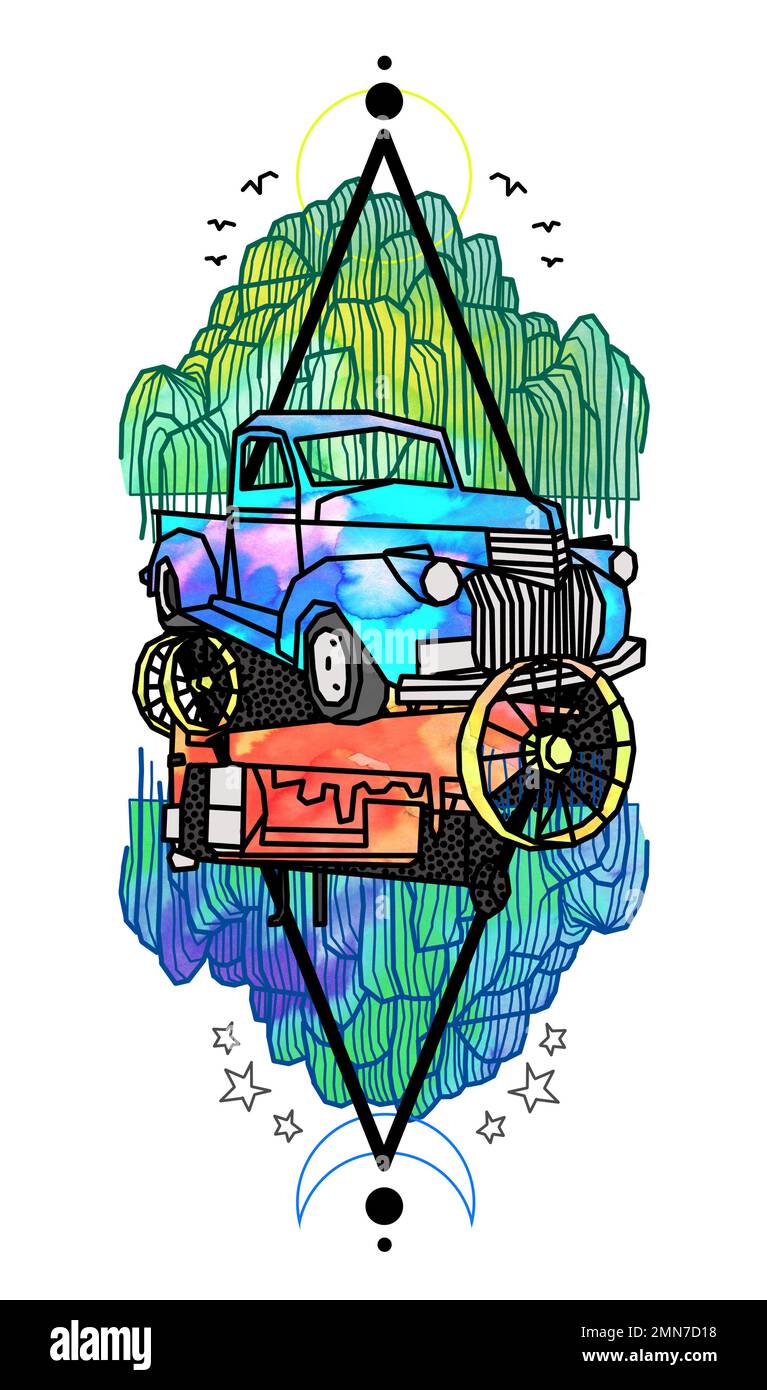Bauerntraktor-Lkw, Weinende Weide, Aquarell-Tattoo-Illustration Stockfoto