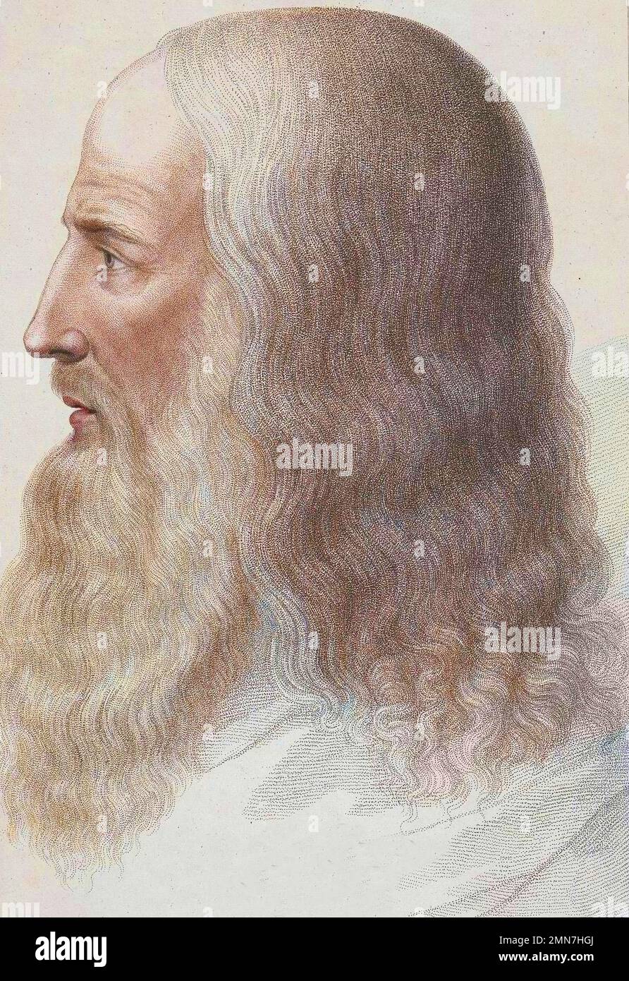 Portrait de Léonard de Vinci (Leonardo da Vinci) - Gravure d'apres Francesco Bartolazzi Stockfoto
