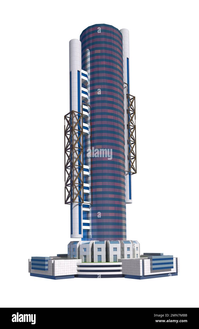 Futuristische Wolkenkratzer-Architektur mit dem isolierten Pfad, der in der Abbildung von 3D enthalten ist. Stockfoto