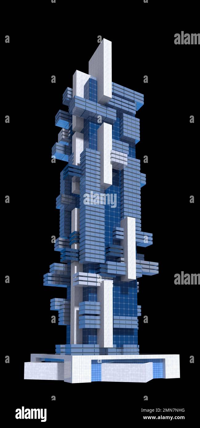 Futuristische Wolkenkratzer-Architektur mit dem isolierten Pfad, der in der Abbildung von 3D enthalten ist. Stockfoto