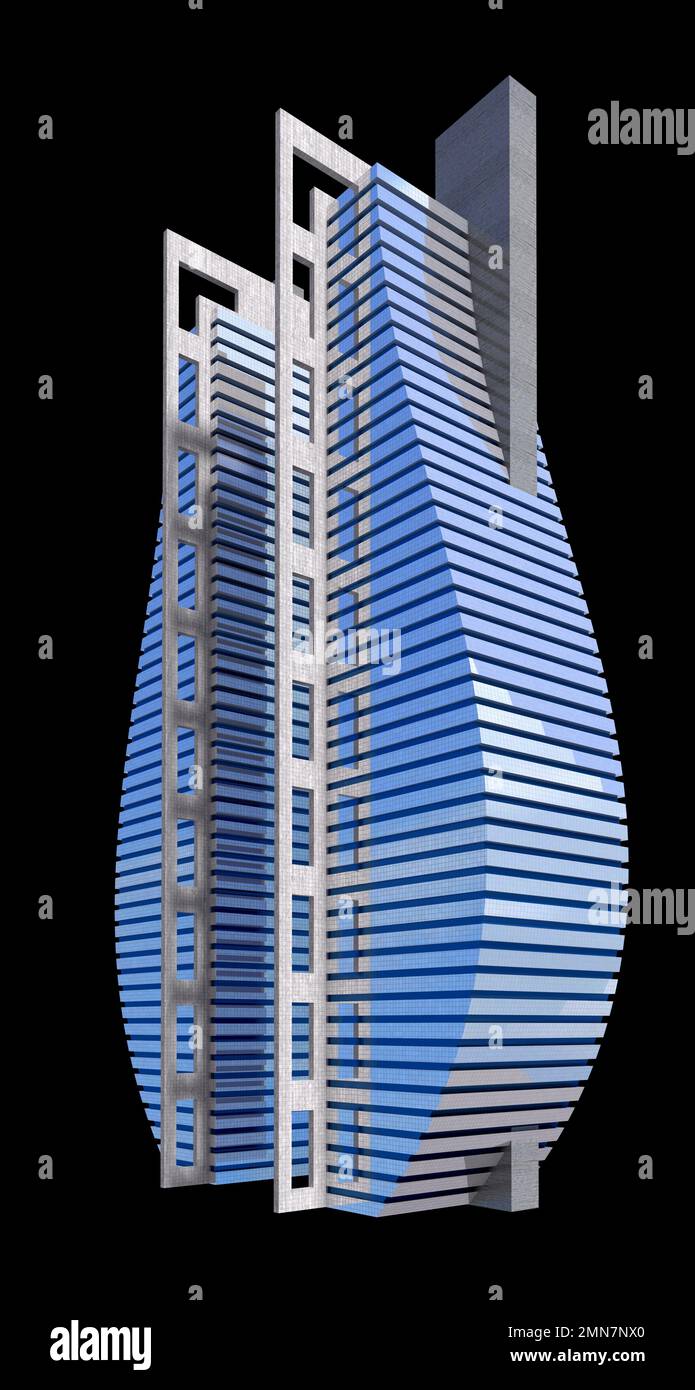 Futuristische Wolkenkratzer-Architektur mit dem isolierten Pfad, der in der Abbildung von 3D enthalten ist. Stockfoto