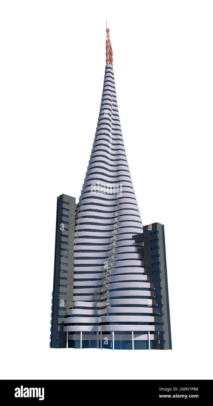 Futuristische Wolkenkratzer-Architektur mit dem isolierten Pfad, der in der Abbildung von 3D enthalten ist. Stockfoto