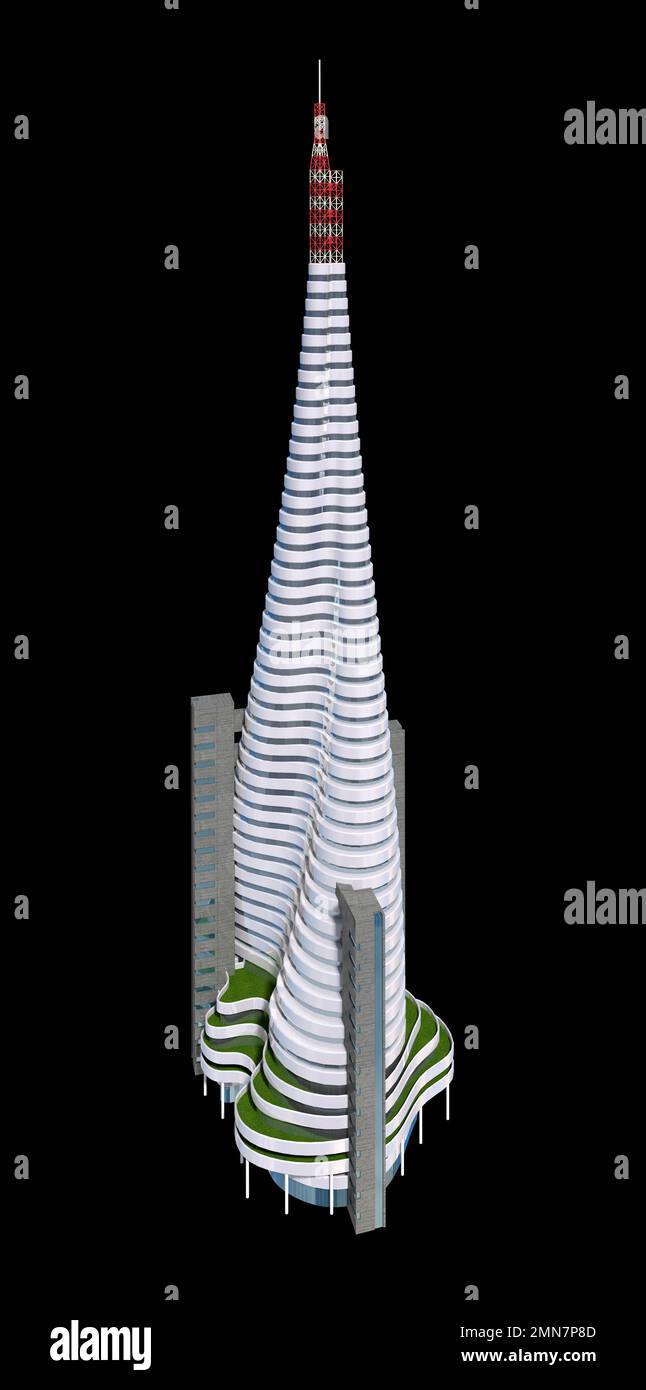 Futuristische Stadtarchitektur aus dem Jahr 3D mit dem isolierten Pfad in der Abbildung. Stockfoto