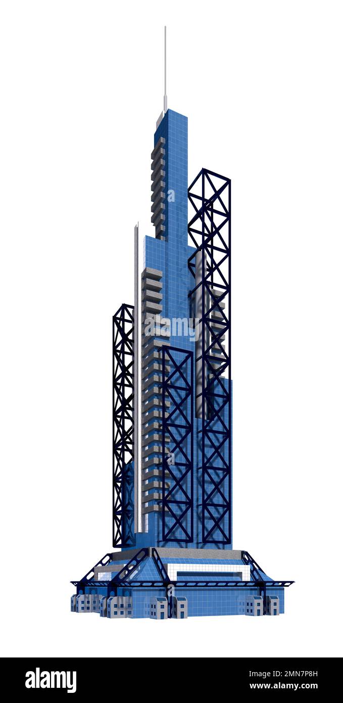 Futuristische Wolkenkratzer-Architektur mit dem isolierten Pfad, der in der Abbildung von 3D enthalten ist. Stockfoto