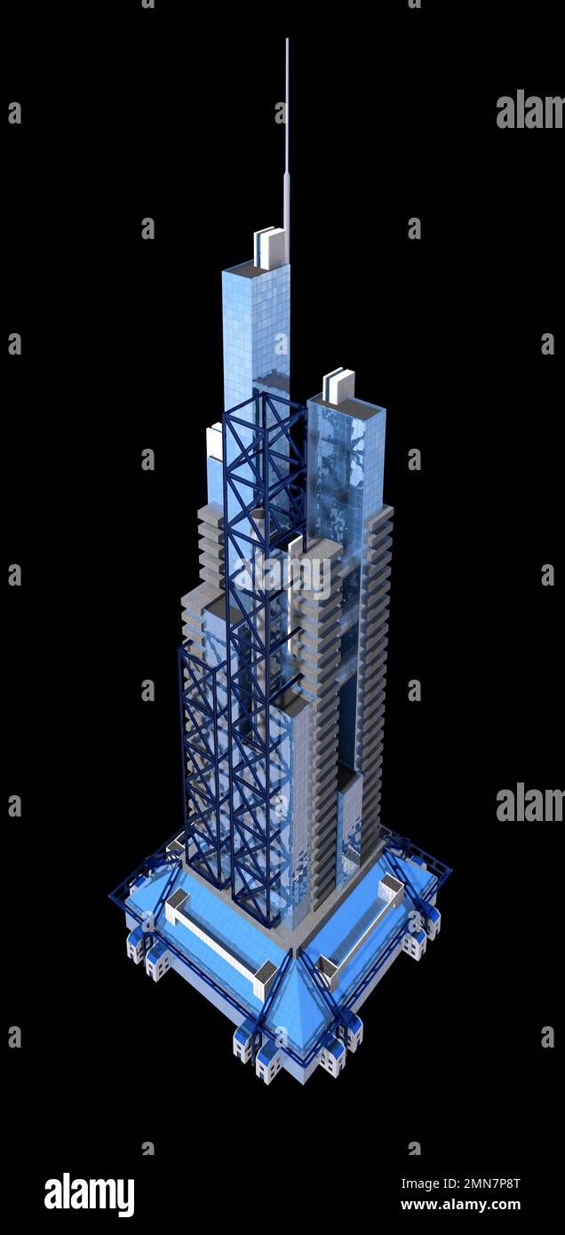 Futuristische Stadtarchitektur aus dem Jahr 3D mit dem isolierten Pfad in der Abbildung. Stockfoto