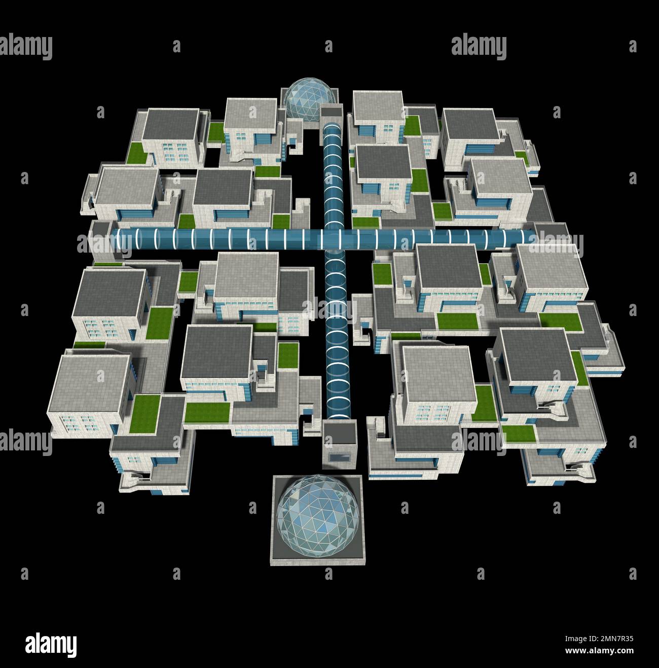 Wohnraum mit futuristischem architektonischem Hintergrund. Der Beschneidungspfad ist in der 3D-Abbildung enthalten. Stockfoto