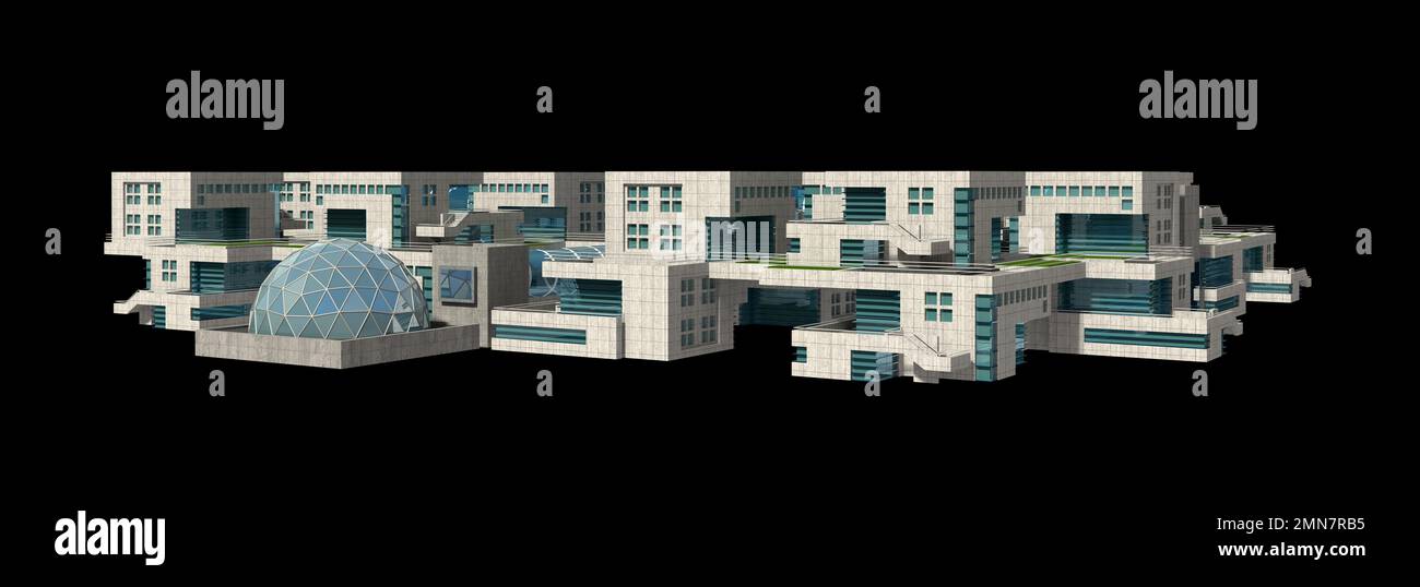 Wohnraum mit futuristischem architektonischem Hintergrund. Der Beschneidungspfad ist in der 3D-Abbildung enthalten. Stockfoto